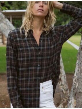 Jenni Kayne Classic Flannel Eggplant Plaid Button-Down Shirt Size XS